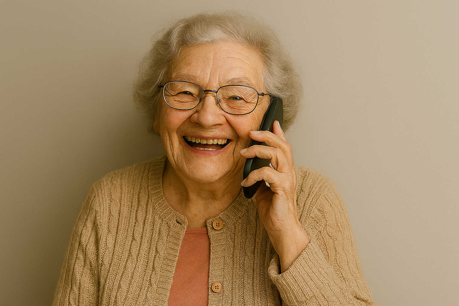 An older adult smiling while on a phone call